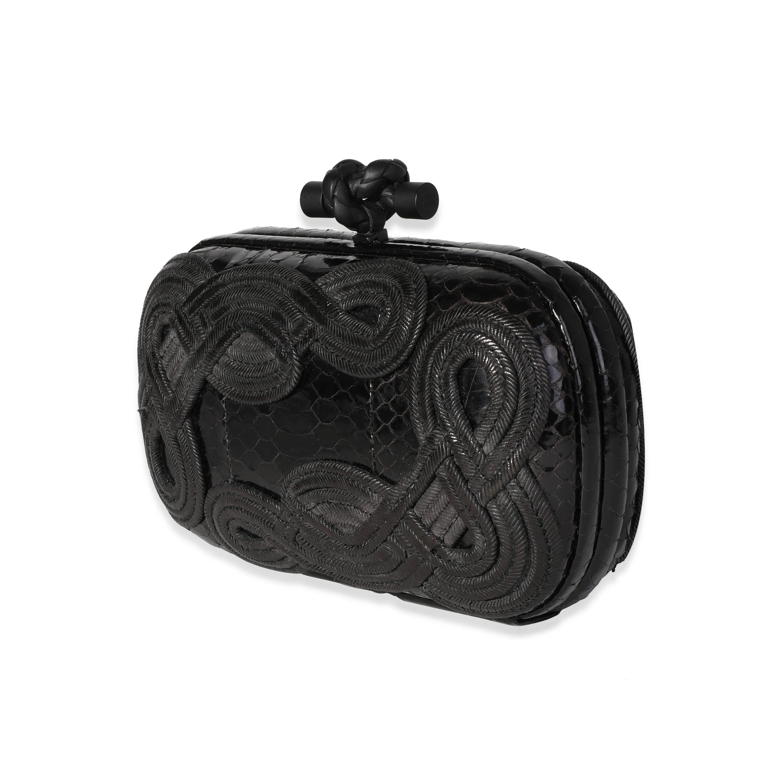 Bottega Veneta Black Passameria Snakeskin Knot Clutch
