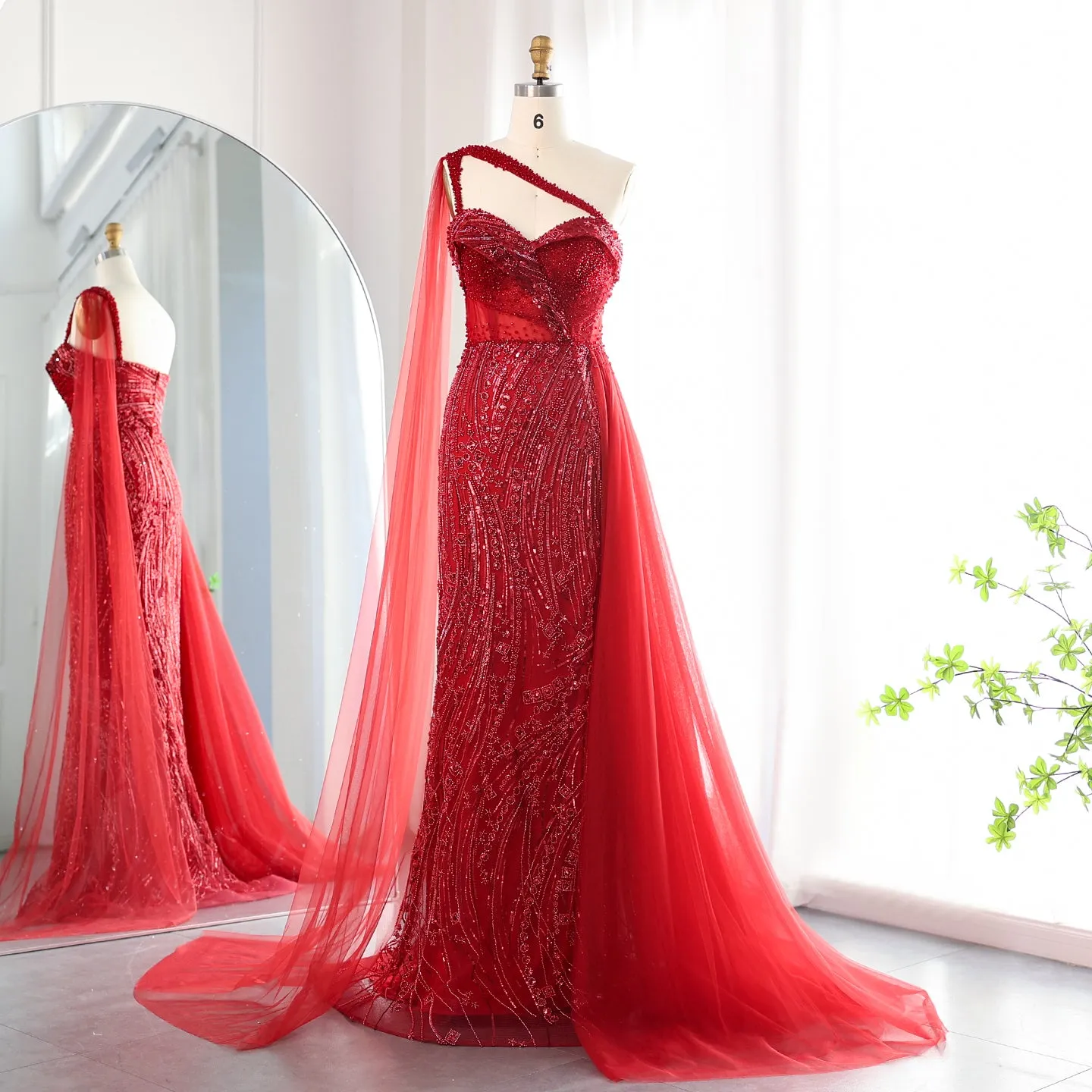 Burgundy One Shoulder Mermaid Evening Dress with Cape Overskirt SS129