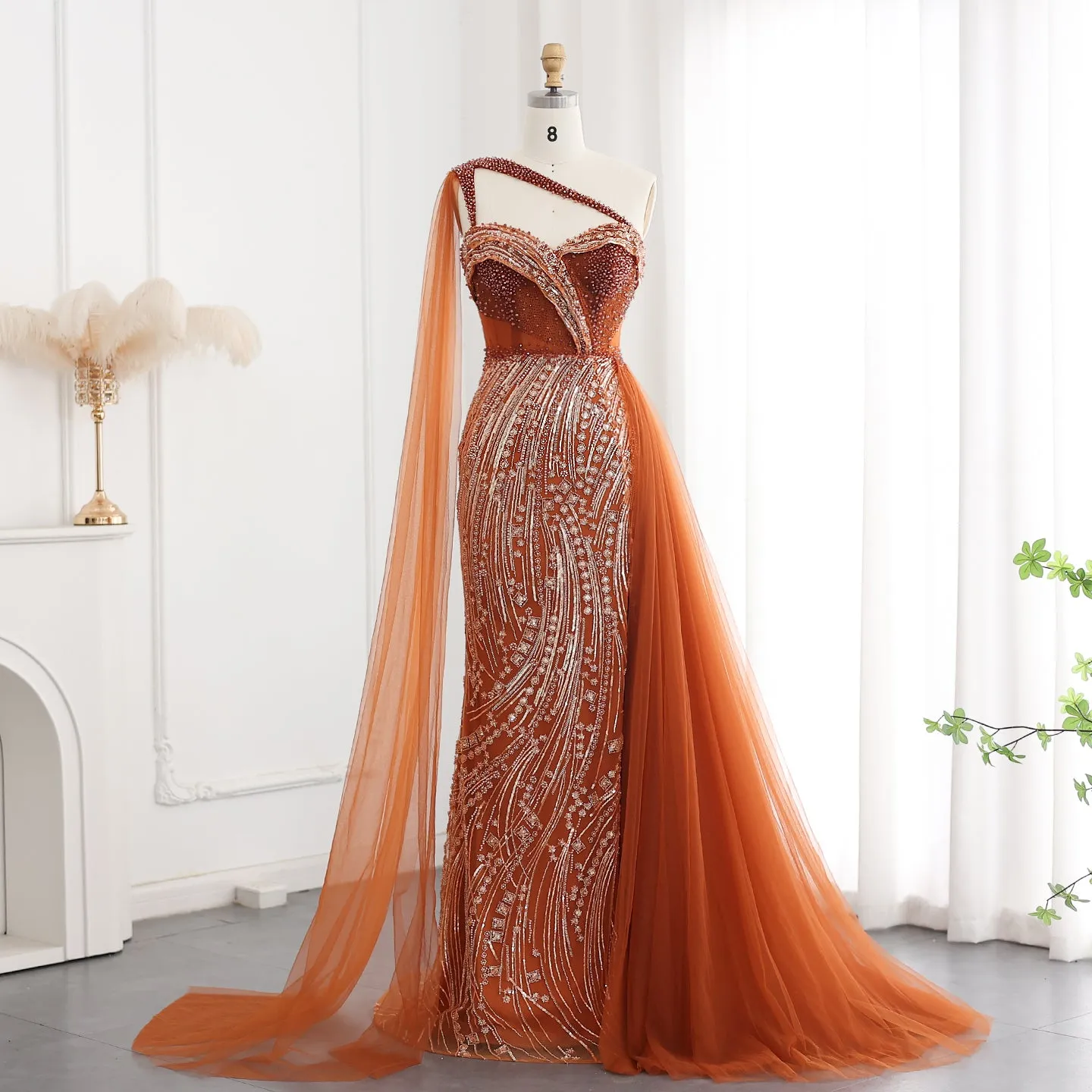 Burgundy One Shoulder Mermaid Evening Dress with Cape Overskirt SS129