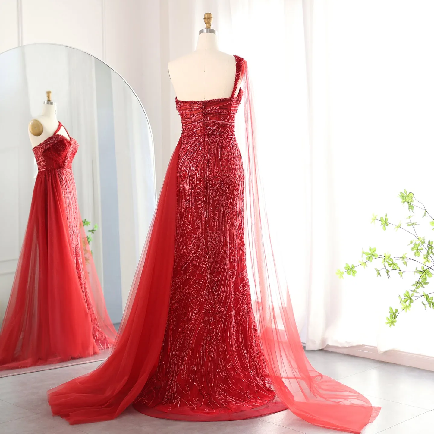 Burgundy One Shoulder Mermaid Evening Dress with Cape Overskirt SS129