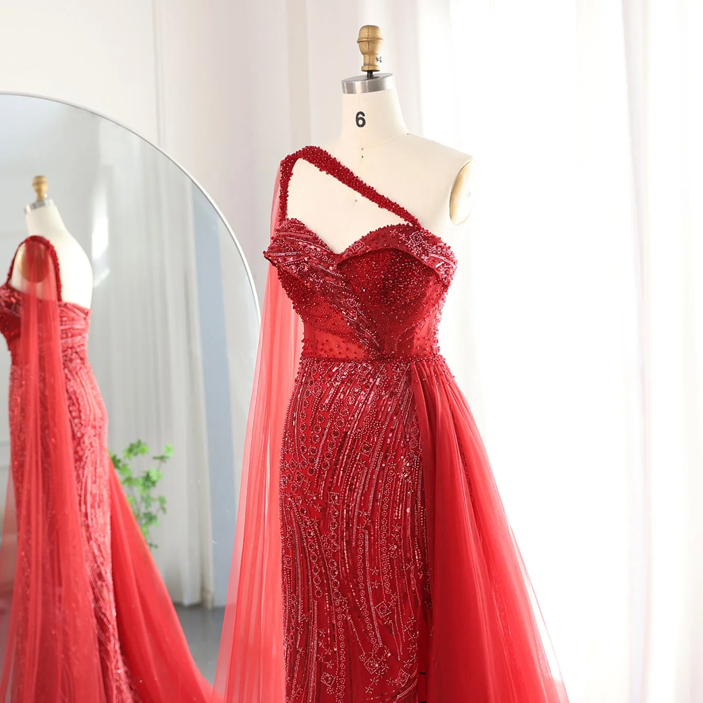 Burgundy One Shoulder Mermaid Evening Dress with Cape Overskirt SS129