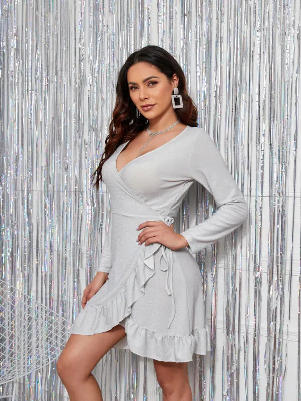 Deep V-neck Ruffle Long Sleeve Mini Dress