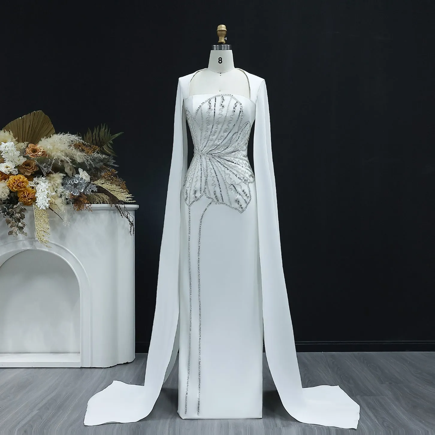 Elegant Black Beaded Evening Dress with Cape Sleeves SS275