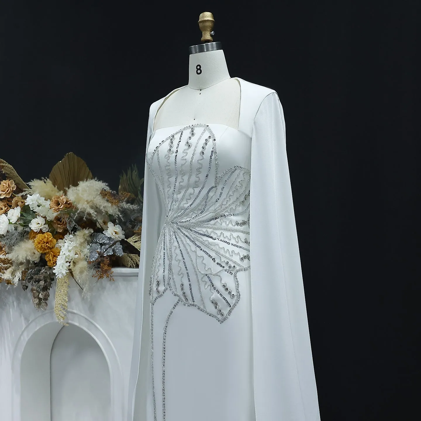 Elegant Black Beaded Evening Dress with Cape Sleeves SS275