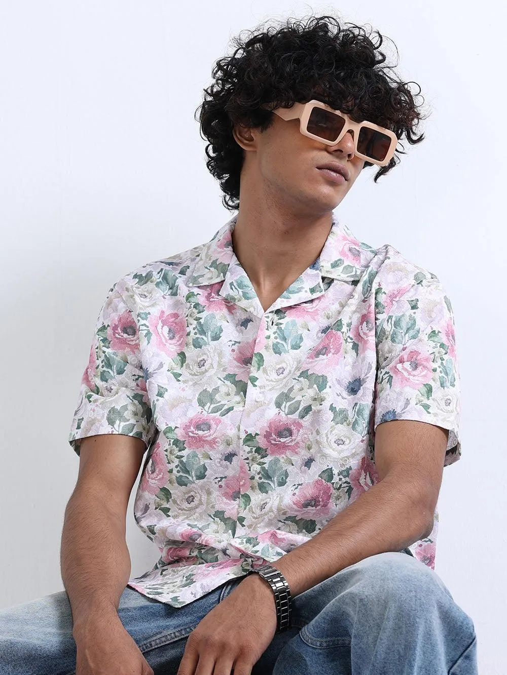 Men's Rose Magnolia Cuban Collar Embroidered shirt