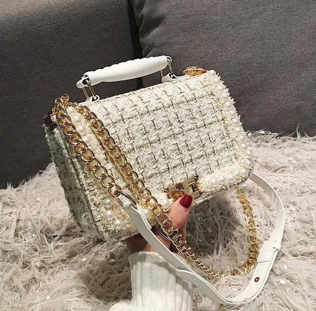 Quality Woolen Pearl Female Square Tote Bag