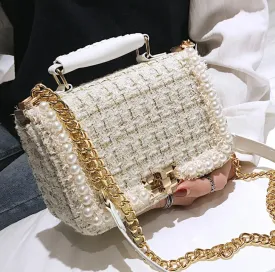 Quality Woolen Pearl Female Square Tote Bag