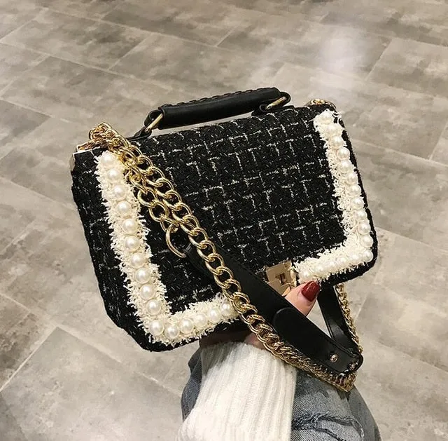 Quality Woolen Pearl Female Square Tote Bag
