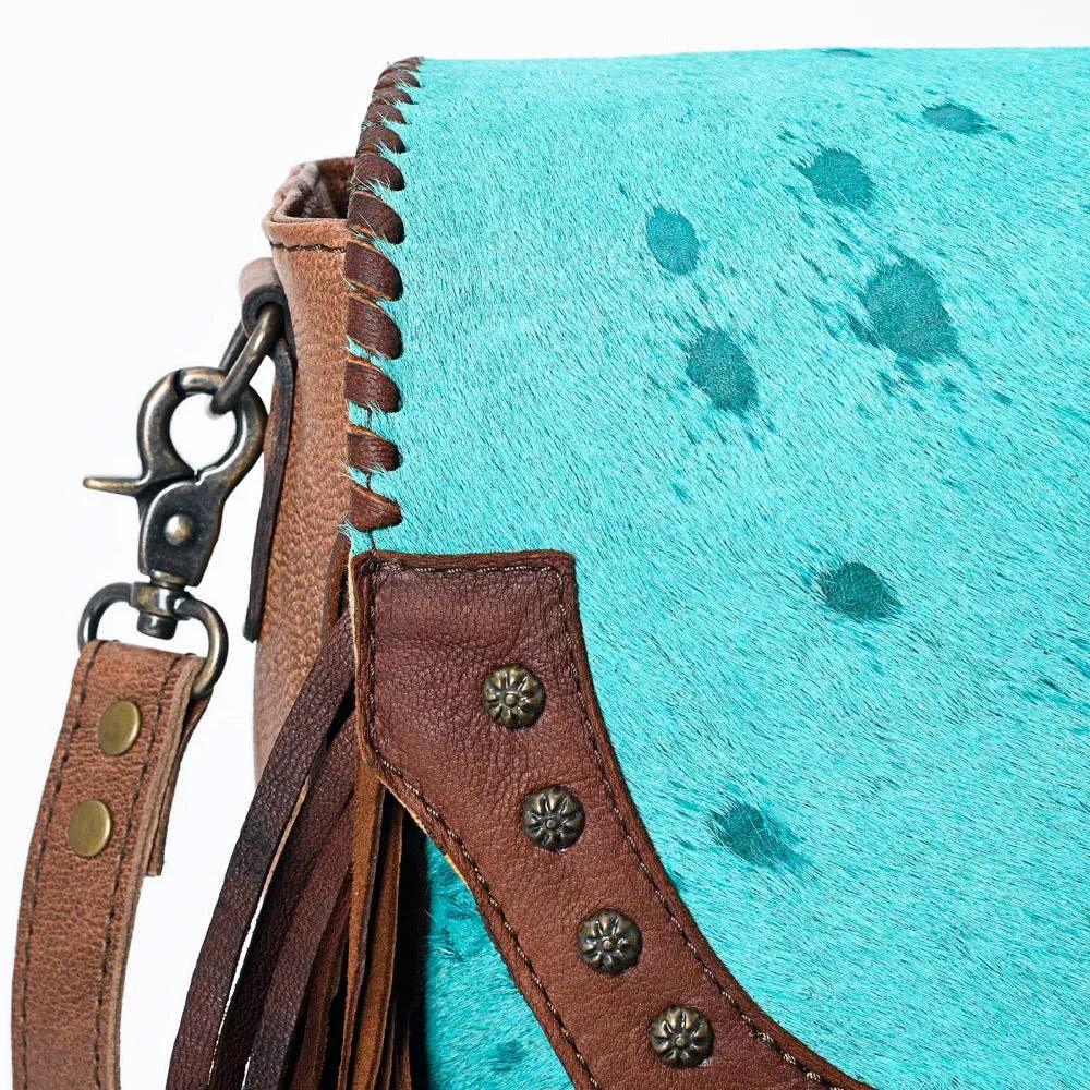 Turquoise Acid Washed Hair-On Genuine Western Leather Women HandBag