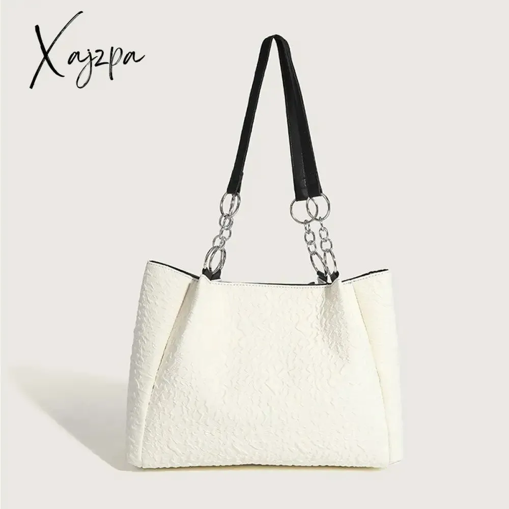 Xajzpa - Simple Tote Bag for Women 2023 Fashion Solid Color Shoulder Bag with Bow Girl Metal Ring Pleated Large Capacity Designer Handbag