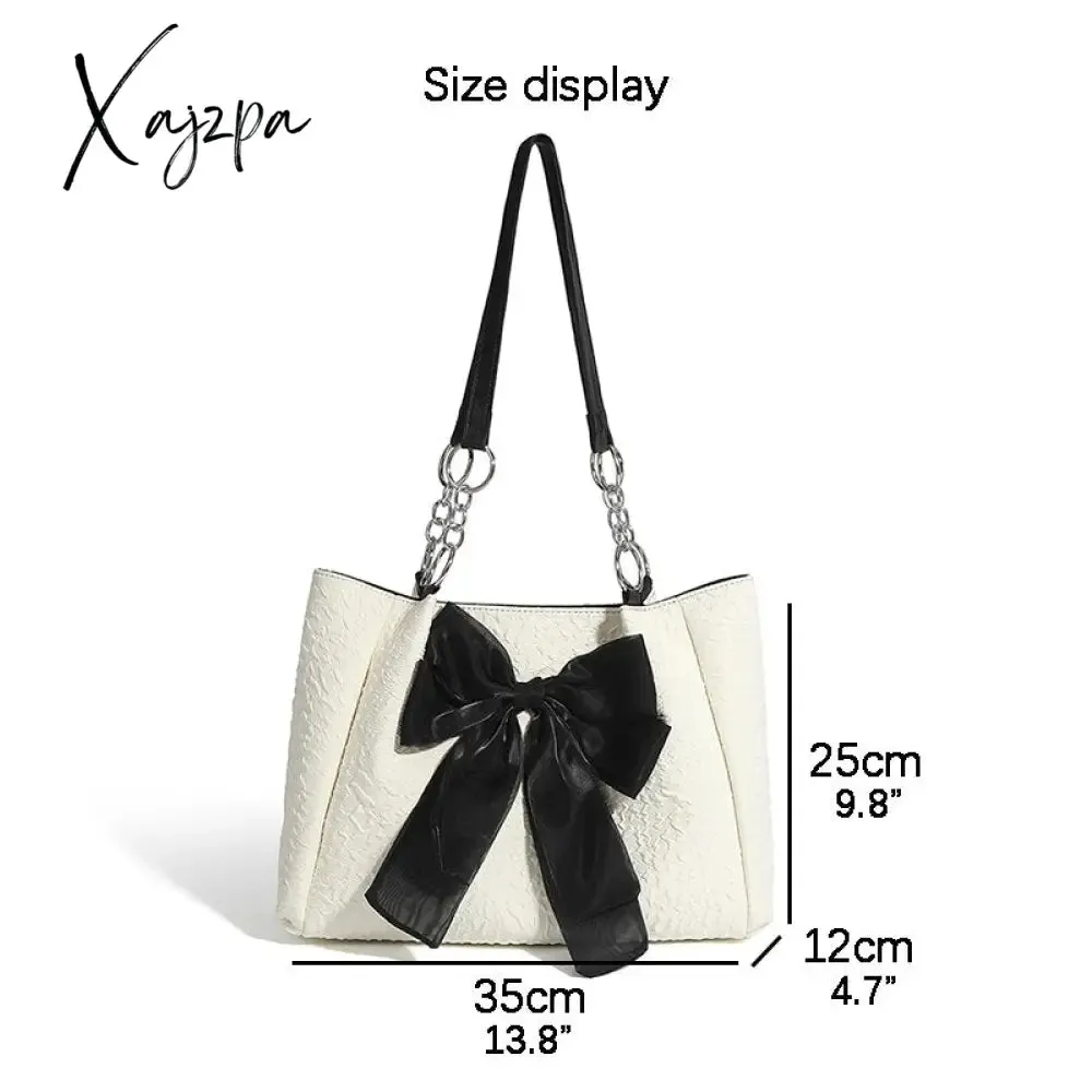 Xajzpa - Simple Tote Bag for Women 2023 Fashion Solid Color Shoulder Bag with Bow Girl Metal Ring Pleated Large Capacity Designer Handbag