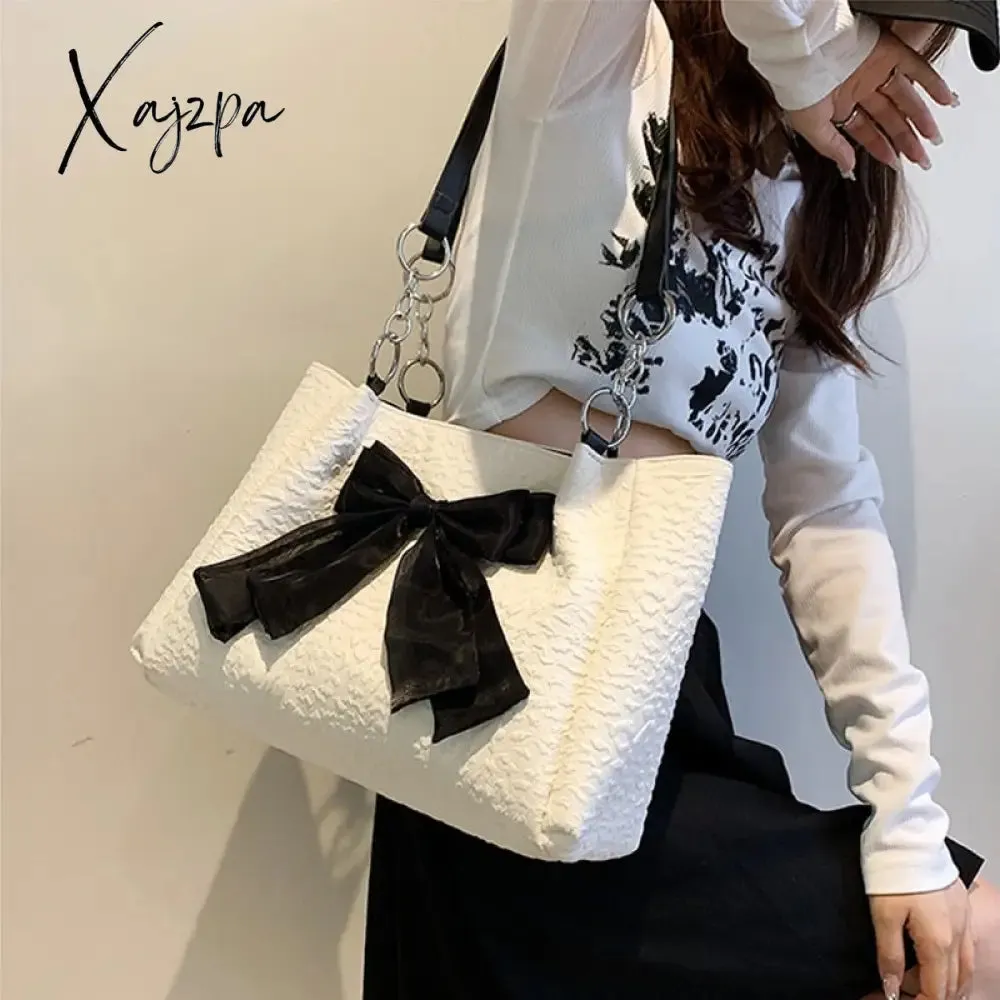 Xajzpa - Simple Tote Bag for Women 2023 Fashion Solid Color Shoulder Bag with Bow Girl Metal Ring Pleated Large Capacity Designer Handbag