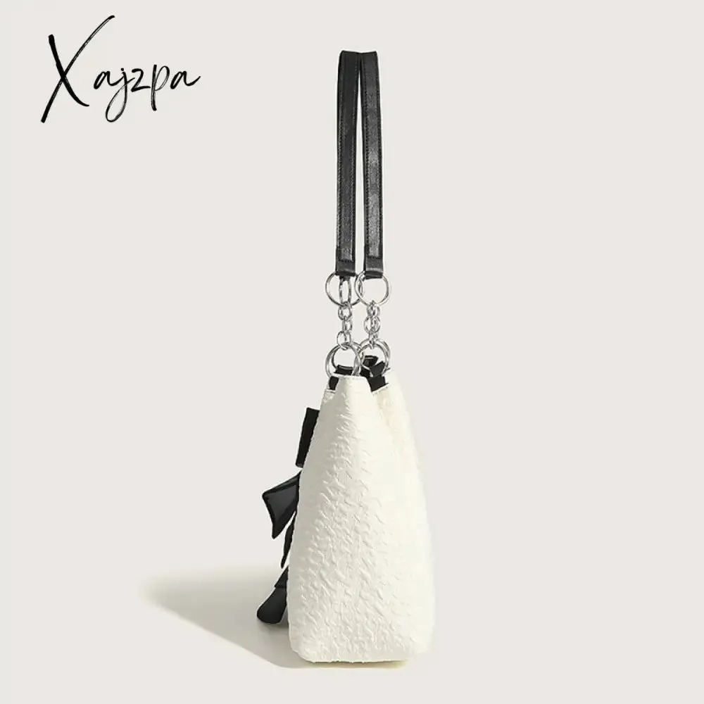 Xajzpa - Simple Tote Bag for Women 2023 Fashion Solid Color Shoulder Bag with Bow Girl Metal Ring Pleated Large Capacity Designer Handbag