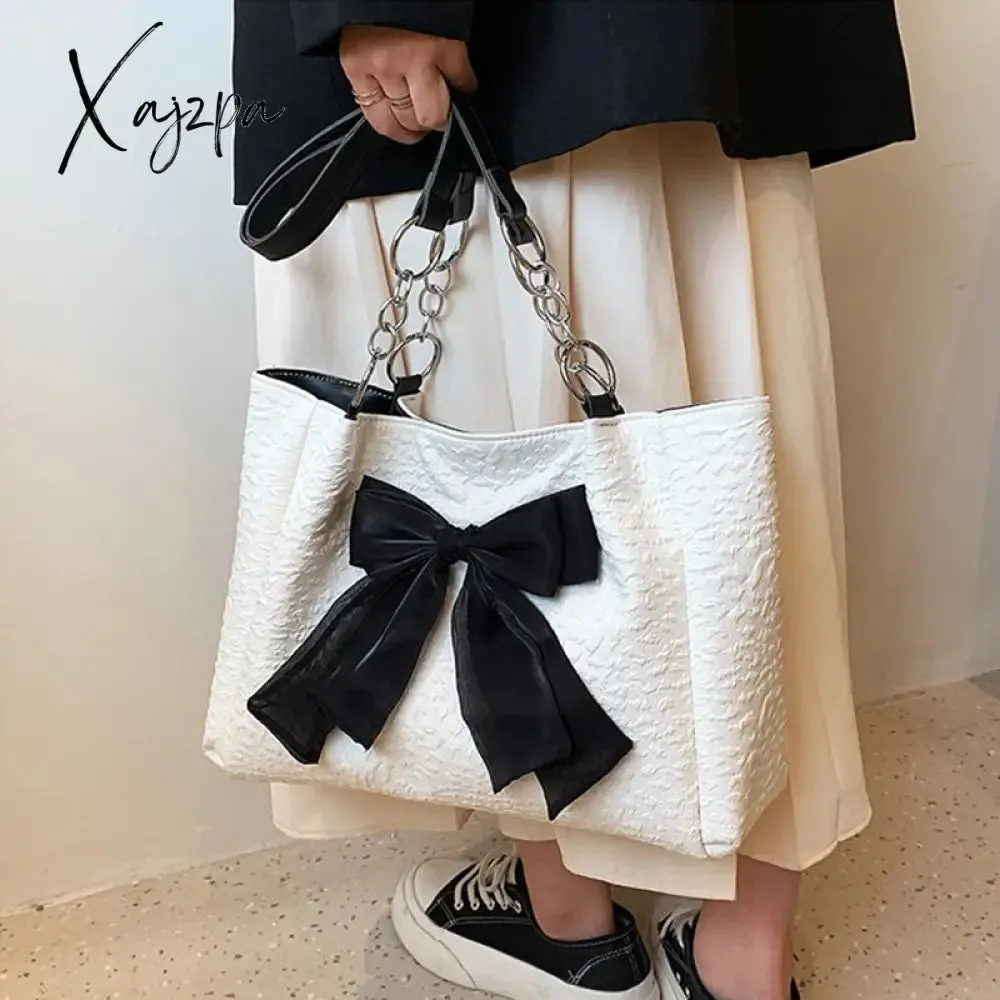 Xajzpa - Simple Tote Bag for Women 2023 Fashion Solid Color Shoulder Bag with Bow Girl Metal Ring Pleated Large Capacity Designer Handbag