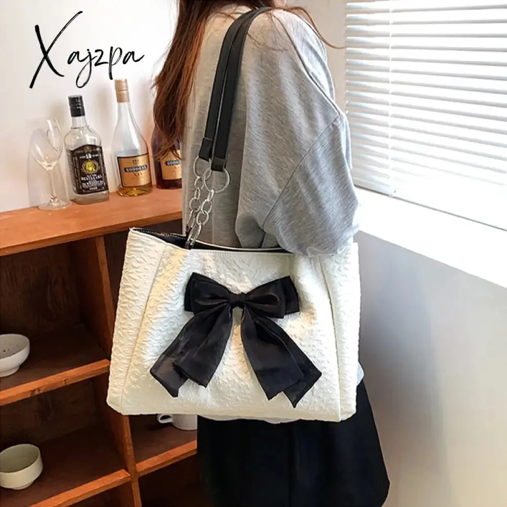 Xajzpa - Simple Tote Bag for Women 2023 Fashion Solid Color Shoulder Bag with Bow Girl Metal Ring Pleated Large Capacity Designer Handbag