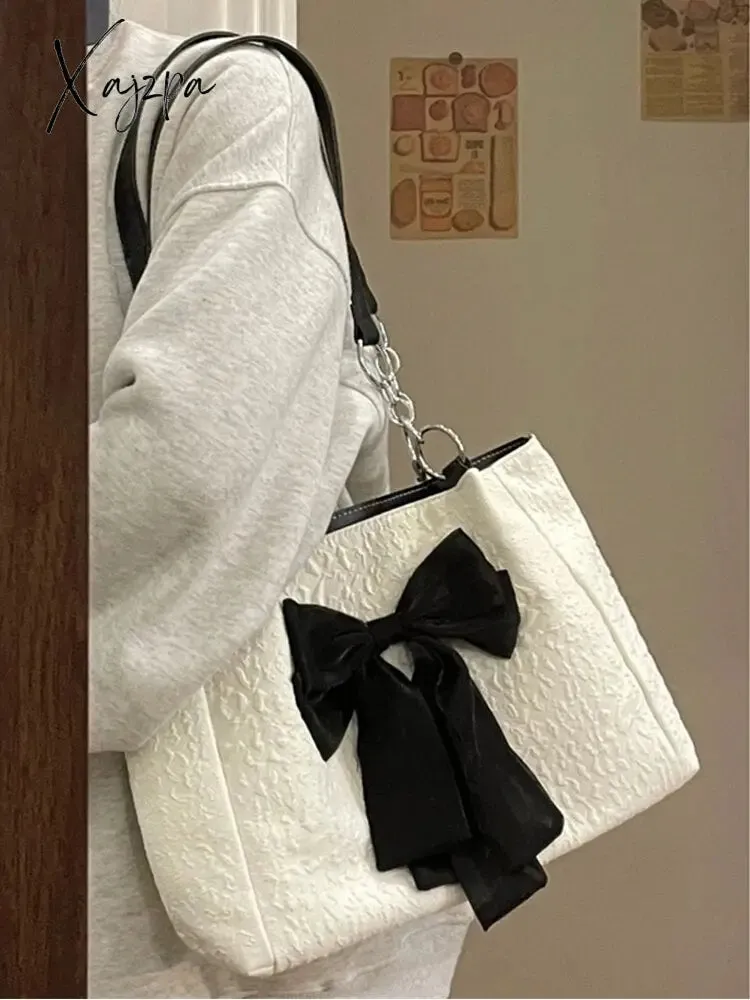 Xajzpa - Simple Tote Bag for Women 2023 Fashion Solid Color Shoulder Bag with Bow Girl Metal Ring Pleated Large Capacity Designer Handbag