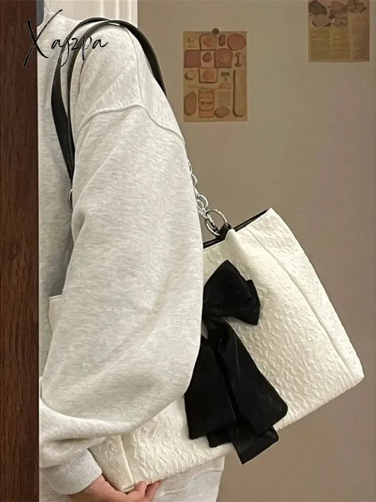 Xajzpa - Simple Tote Bag for Women 2023 Fashion Solid Color Shoulder Bag with Bow Girl Metal Ring Pleated Large Capacity Designer Handbag
