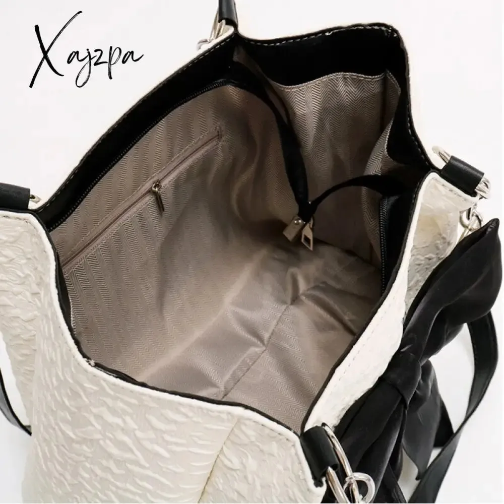 Xajzpa - Simple Tote Bag for Women 2023 Fashion Solid Color Shoulder Bag with Bow Girl Metal Ring Pleated Large Capacity Designer Handbag
