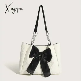 Xajzpa - Simple Tote Bag for Women 2023 Fashion Solid Color Shoulder Bag with Bow Girl Metal Ring Pleated Large Capacity Designer Handbag