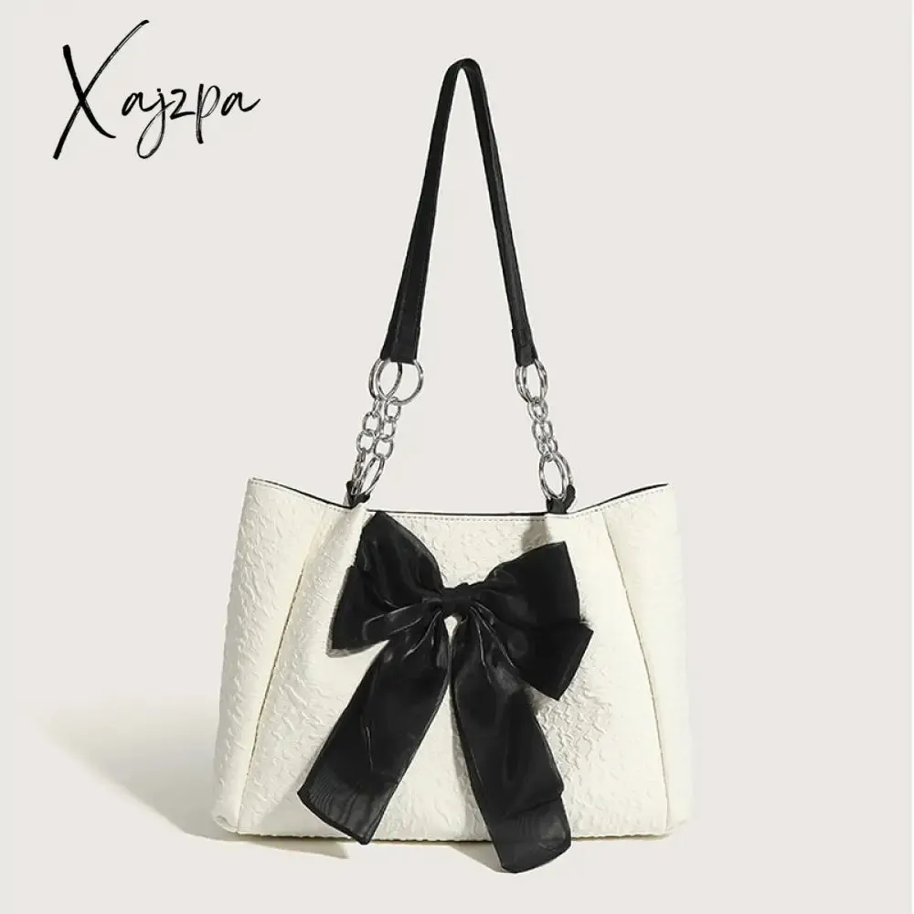 Xajzpa - Simple Tote Bag for Women 2023 Fashion Solid Color Shoulder Bag with Bow Girl Metal Ring Pleated Large Capacity Designer Handbag